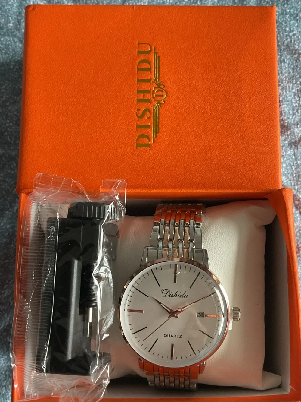 NIB Classic Dishidu Gold And S/S Dress Watch Two Tone Mesh Bracelet w Tool